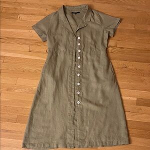 Quince Sage Green Button-Front Midi Dress, 100% European linen. Customized.